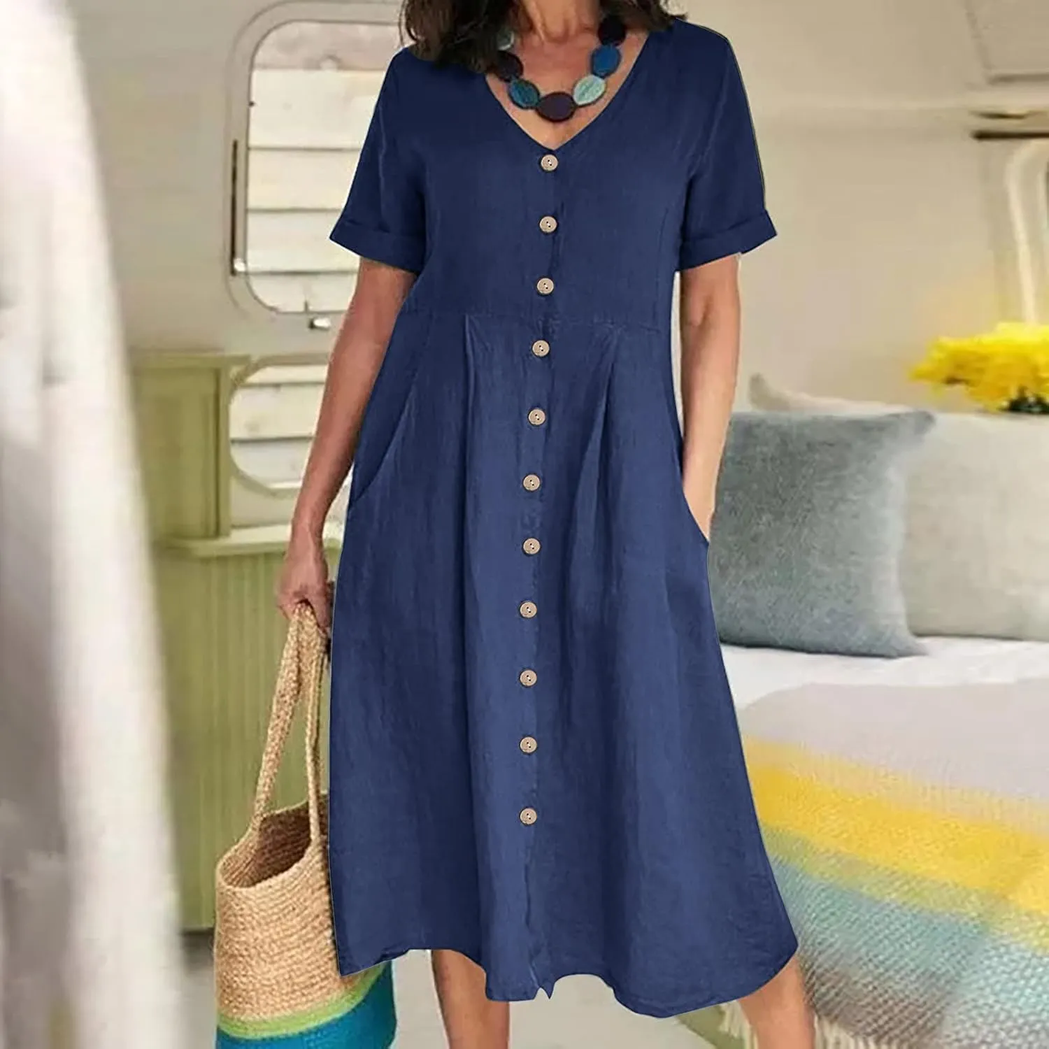 Women's Cotton Linen Button Down Dress Casual V Neck Short Sleeve Maxi Dresses Solid Color Lightweight Loose Outfits