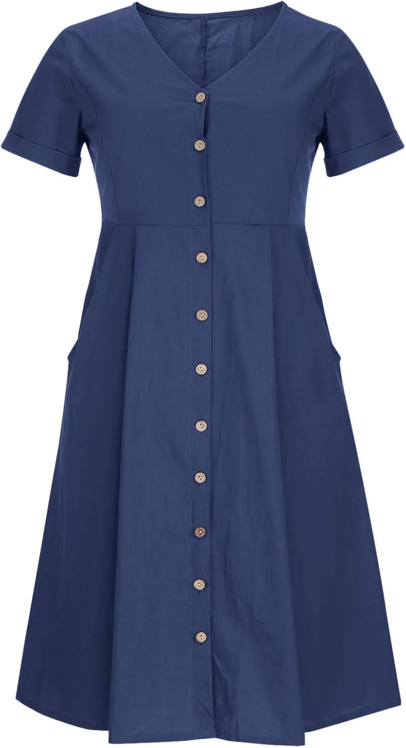 Women's Cotton Linen Button Down Dress Casual V Neck Short Sleeve Maxi Dresses Solid Color Lightweight Loose Outfits