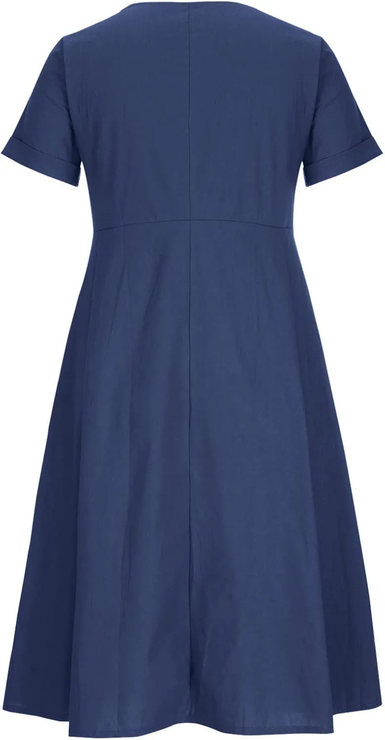 Women's Cotton Linen Button Down Dress Casual V Neck Short Sleeve Maxi Dresses Solid Color Lightweight Loose Outfits
