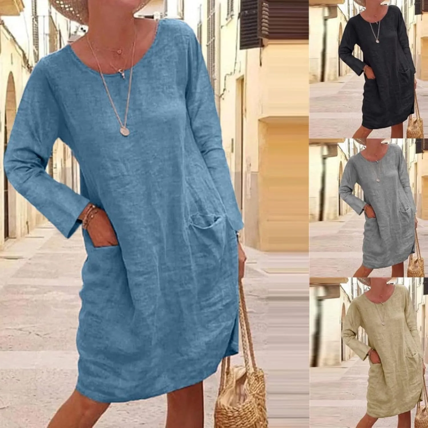 Women's Cotton Linen Dress Long Sleeve Casual T Shirt Dress Loose Tunic Midi Dress Summer Linen Dresses with Pockets