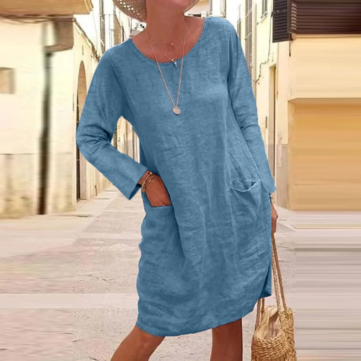 Women's Cotton Linen Dress Long Sleeve Casual T Shirt Dress Loose Tunic Midi Dress Summer Linen Dresses with Pockets