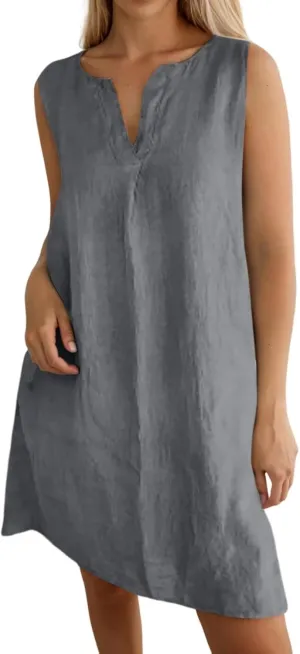 Women's Cotton Linen Dress Loose V Neck Short Sleeve T Shirt Skirt Trendy Summer Beach Vacation Casual Maxi Dresses