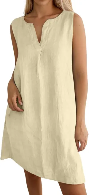 Women's Cotton Linen Dress Loose V Neck Short Sleeve T Shirt Skirt Trendy Summer Beach Vacation Casual Maxi Dresses