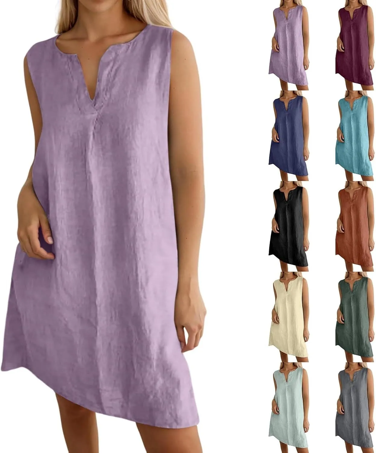Women's Cotton Linen Dress Loose V Neck Short Sleeve T Shirt Skirt Trendy Summer Beach Vacation Casual Maxi Dresses