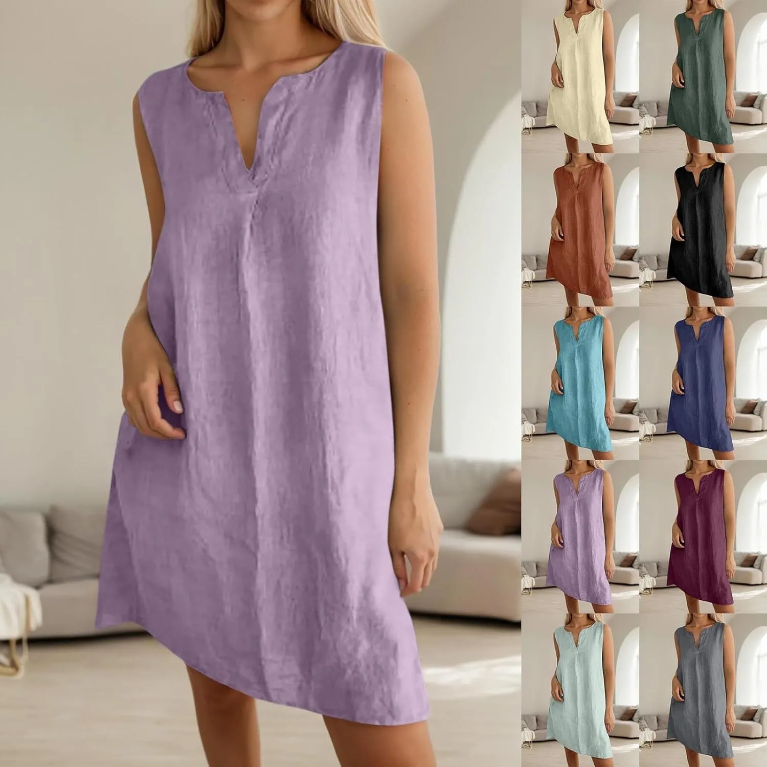 Women's Cotton Linen Dress Loose V Neck Short Sleeve T Shirt Skirt Trendy Summer Beach Vacation Casual Maxi Dresses