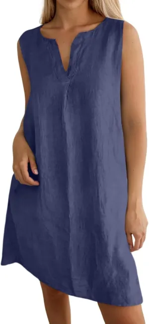 Women's Cotton Linen Dress Loose V Neck Short Sleeve T Shirt Skirt Trendy Summer Beach Vacation Casual Maxi Dresses