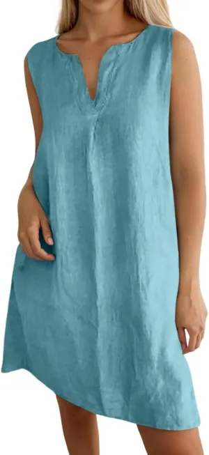 Women's Cotton Linen Dress Loose V Neck Short Sleeve T Shirt Skirt Trendy Summer Beach Vacation Casual Maxi Dresses