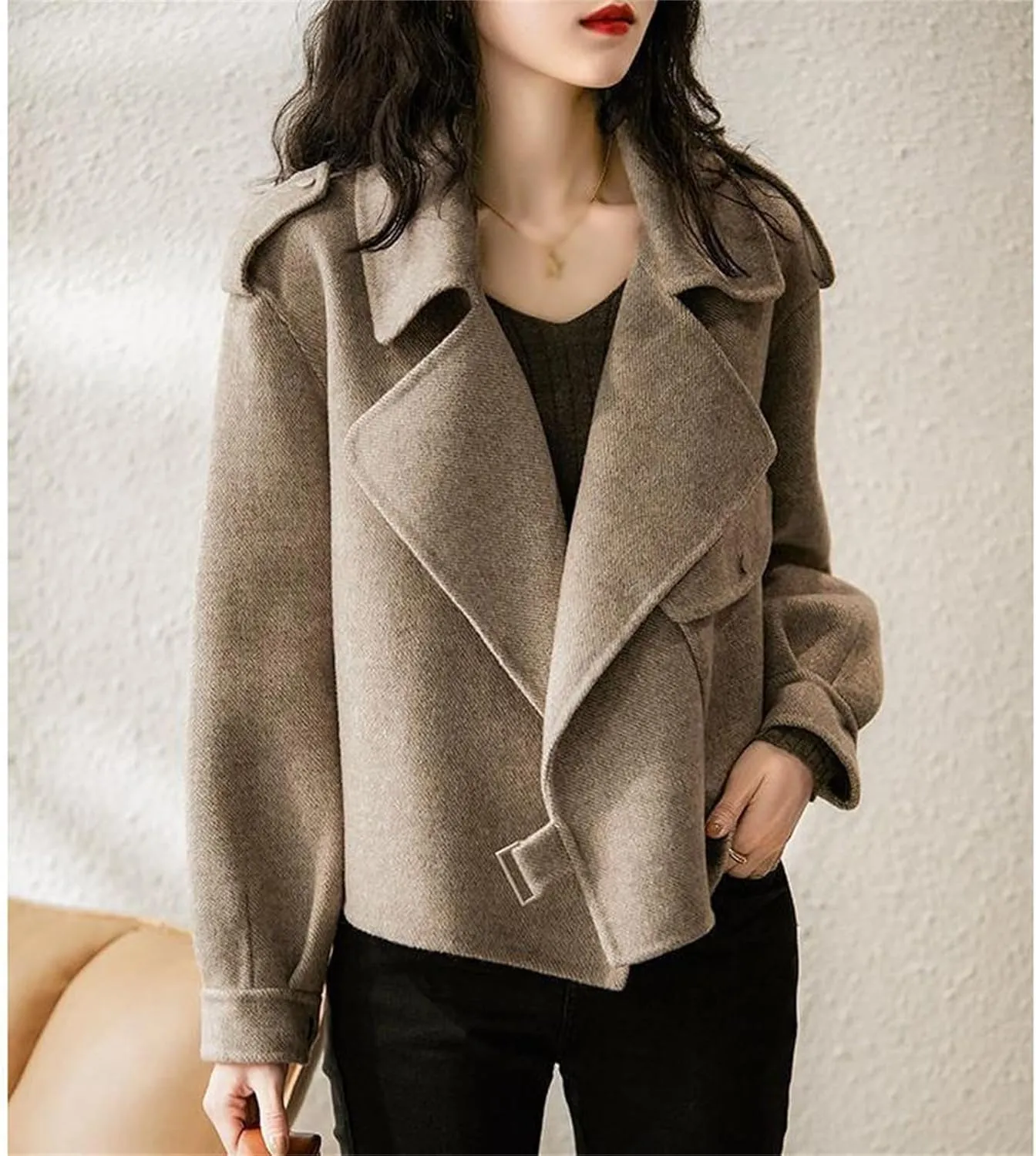 Womens Cropped Wool Jacket Blazer Fall Casual Cropped Wool Coat Open Front Woolen Blend Overcoat