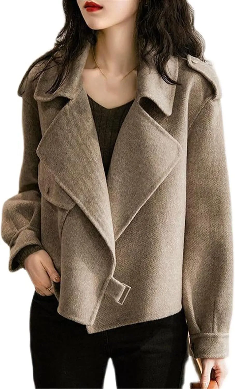 Womens Cropped Wool Jacket Blazer Fall Casual Cropped Wool Coat Open Front Woolen Blend Overcoat