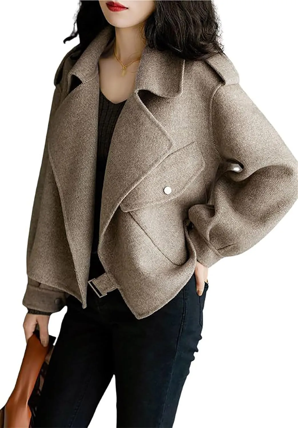 Womens Cropped Wool Jacket Blazer Fall Casual Cropped Wool Coat Open Front Woolen Blend Overcoat