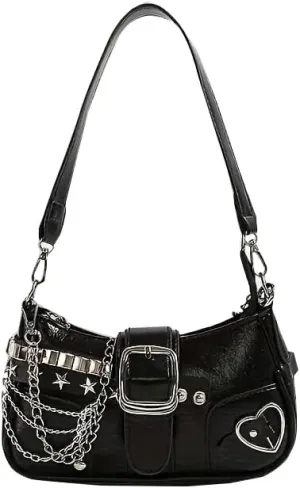 Women's Cute Y2k Purse, Black Embroidery Chain Shoulder Bag Crossbody Purse, Y2Ks Accessories Goth Punk Style Star Chain Hobo Handbag Purses