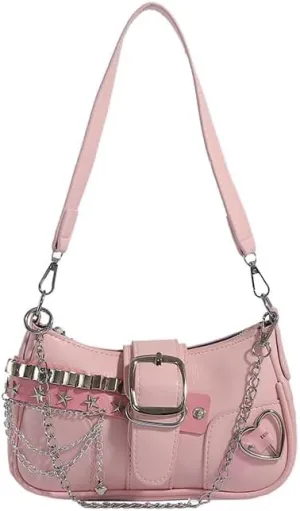 Women's Cute Y2k Purse, Pink Embroidery Chain Shoulder Bag Crossbody Purse, Y2Ks Accessories Goth Punk Style Star Chain Hobo Handbag Small Purses