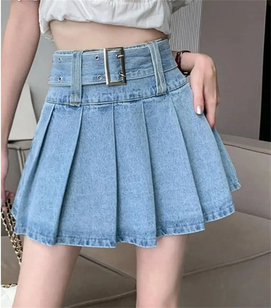 Women's Denim Pleated Skirts Spring Summer Fashionable High Waist A-Line Mini Skirts