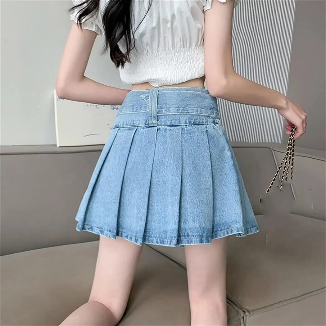 Women's Denim Pleated Skirts Spring Summer Fashionable High Waist A-Line Mini Skirts