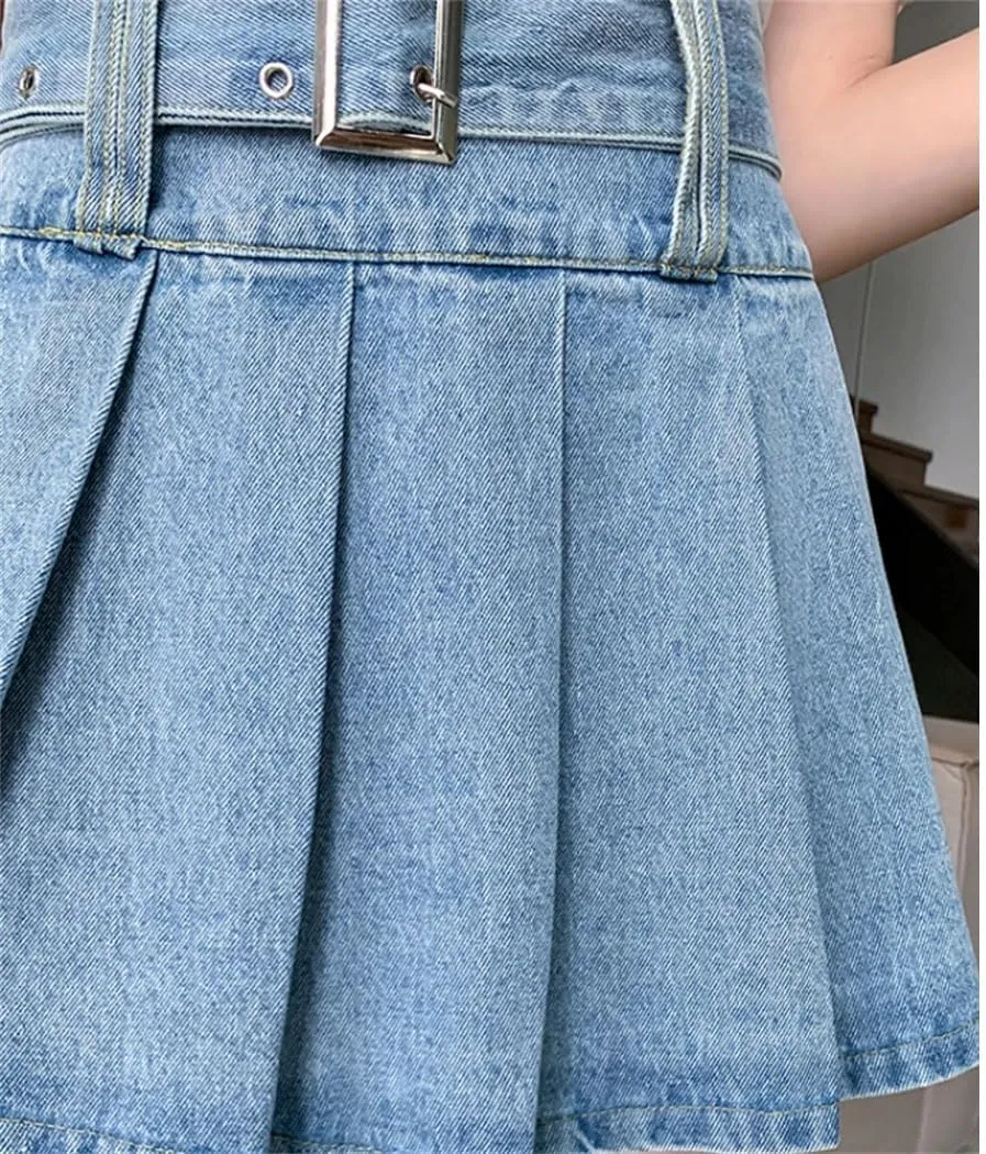 Women's Denim Pleated Skirts Spring Summer Fashionable High Waist A-Line Mini Skirts