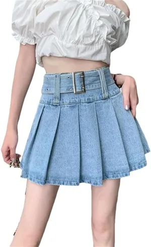 Women's Denim Pleated Skirts Spring Summer Fashionable High Waist A-Line Mini Skirts