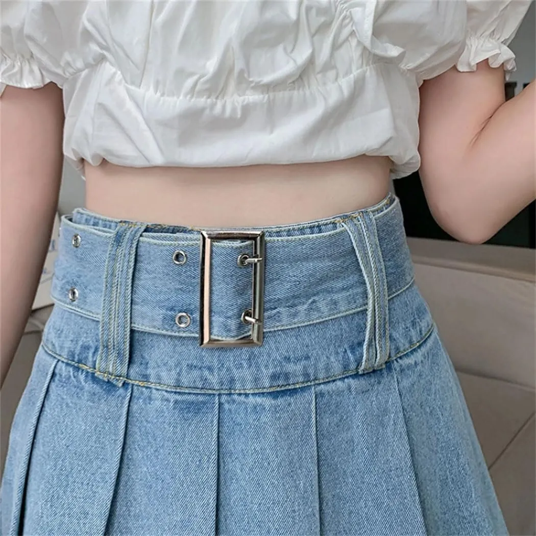 Women's Denim Pleated Skirts Spring Summer Fashionable High Waist A-Line Mini Skirts