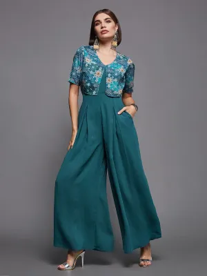 Women's Dusty Turquoise V-Neck Half Sleeves Pleated Solid Jumpsuit