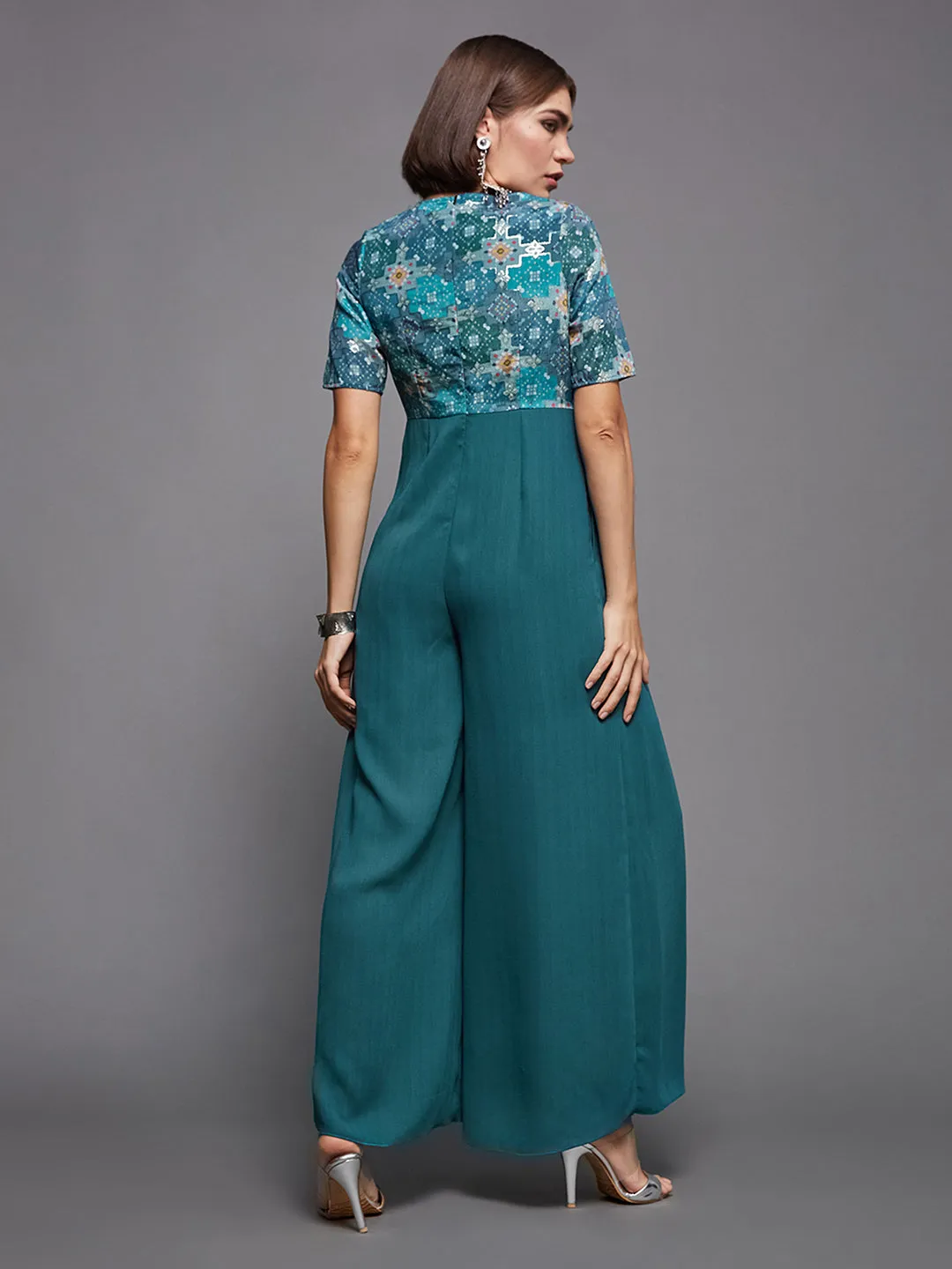 Women's Dusty Turquoise V-Neck Half Sleeves Pleated Solid Jumpsuit