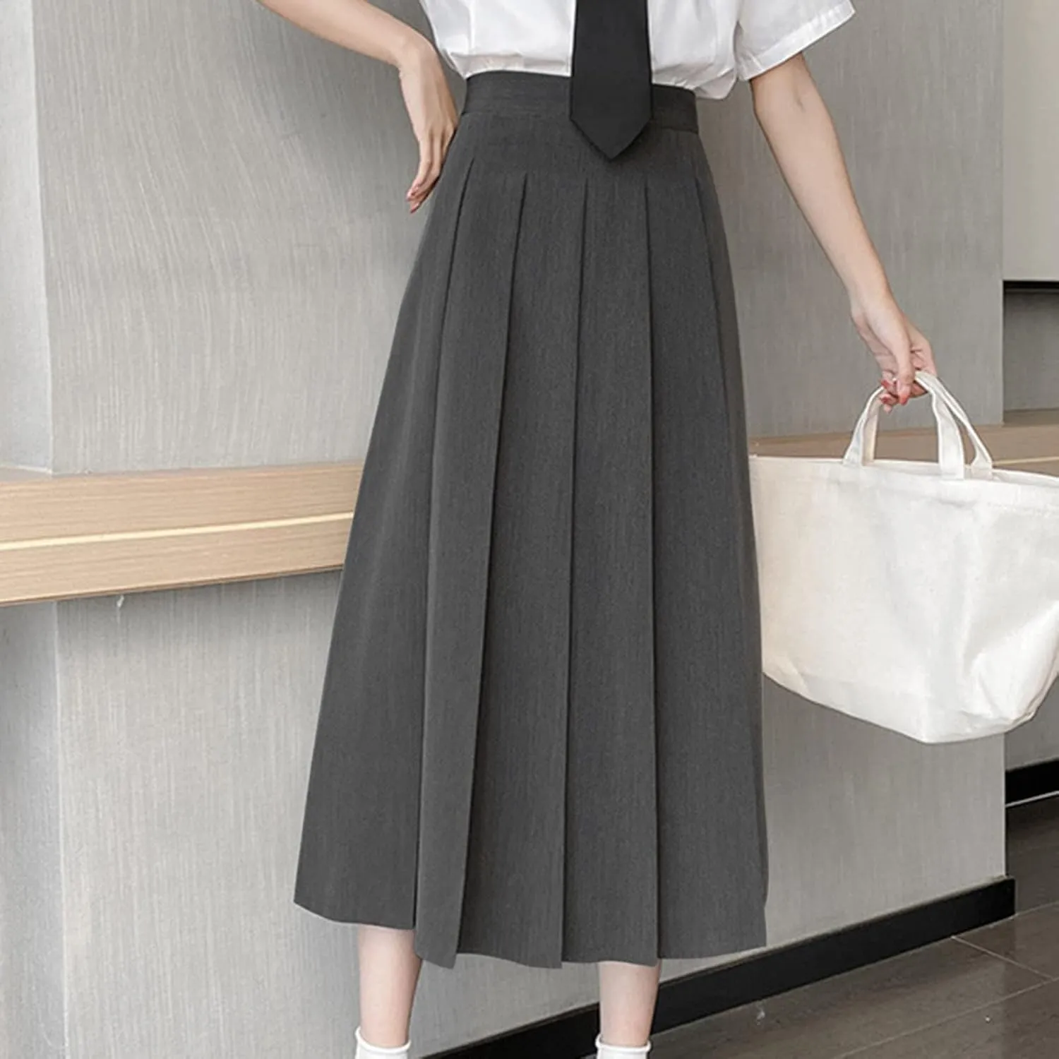 Womens Elastic High Waisted A Line Plain Midi Swing Pleated Skirts Shirring School Girl Uniform Long Skirt