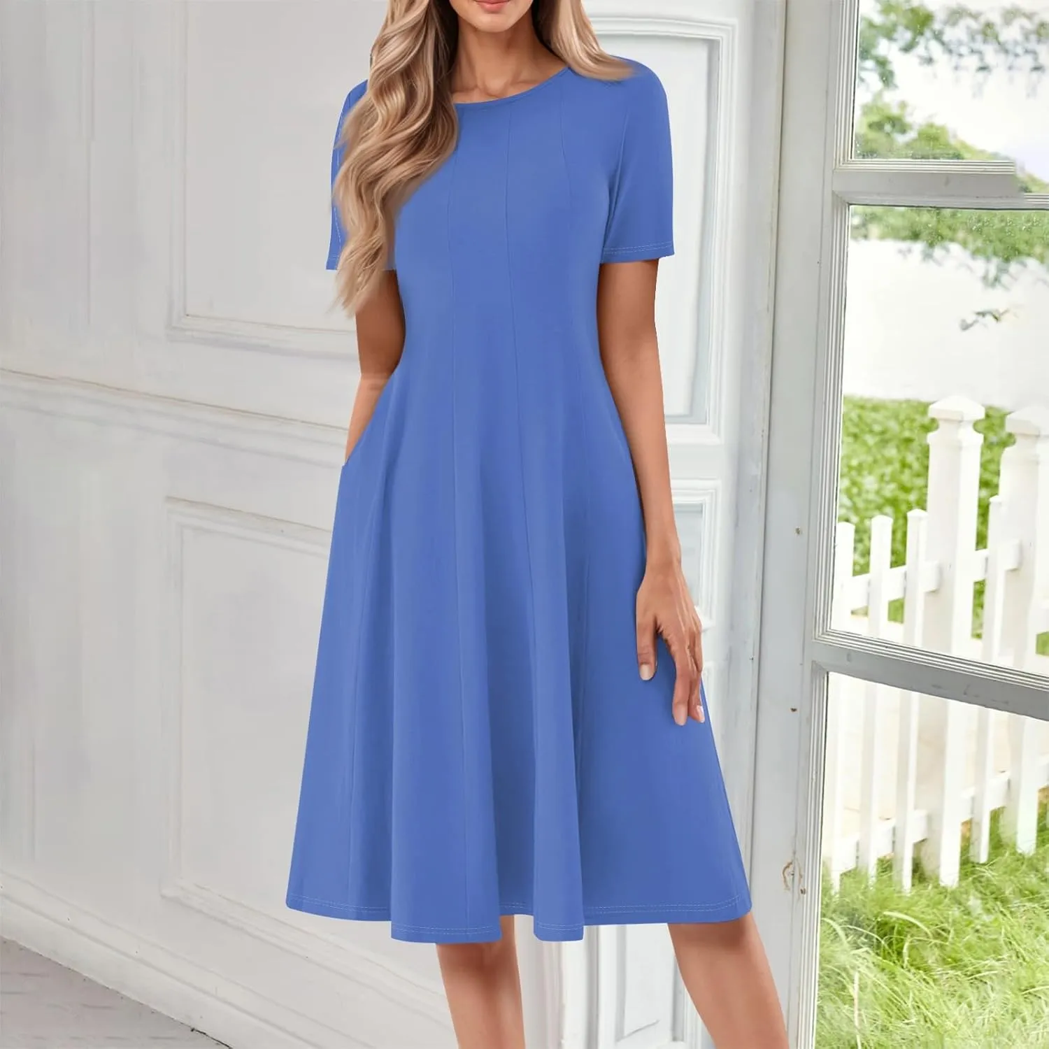 Women's Elegant Crew Neck Midi Dress 2025 Spring Summer Casual Short Sleeve Dresses A-Line Floral Printed Dress