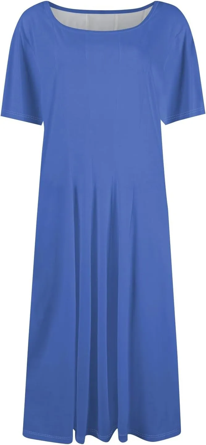 Women's Elegant Crew Neck Midi Dress 2025 Spring Summer Casual Short Sleeve Dresses A-Line Floral Printed Dress