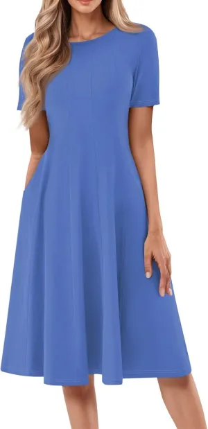 Women's Elegant Crew Neck Midi Dress 2025 Spring Summer Casual Short Sleeve Dresses A-Line Floral Printed Dress