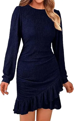 Women's Fall Ruched Bodycon Mini Dress Long Puff Sleeve Ruffle Fitted Cocktail Dresses