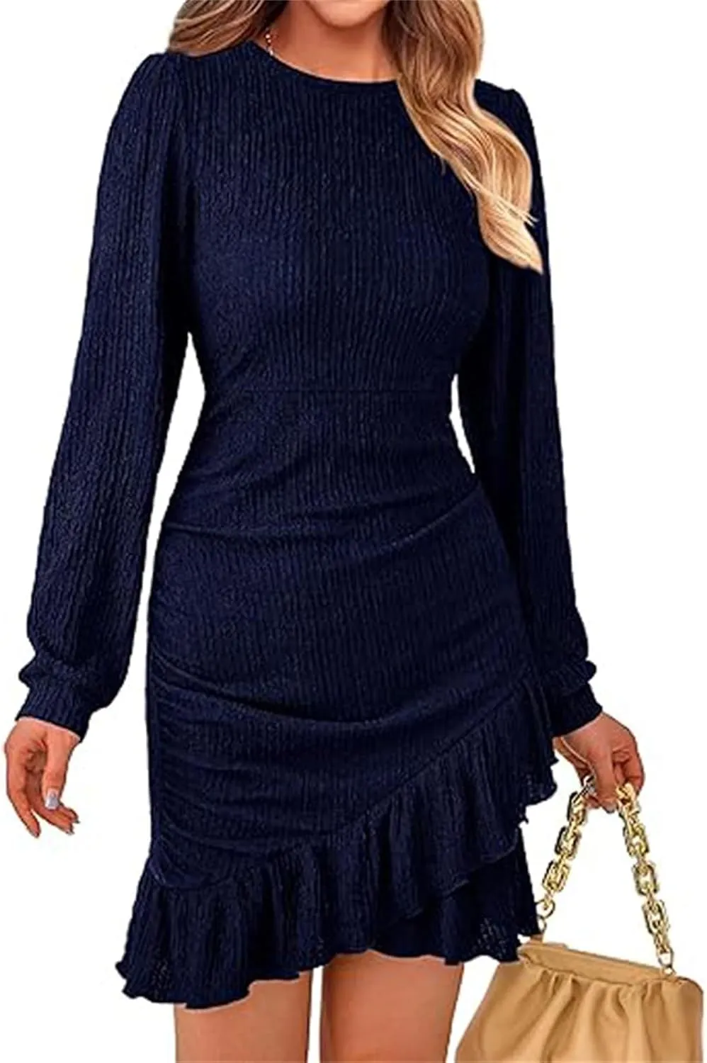 Women's Fall Ruched Bodycon Mini Dress Long Puff Sleeve Ruffle Fitted Cocktail Dresses