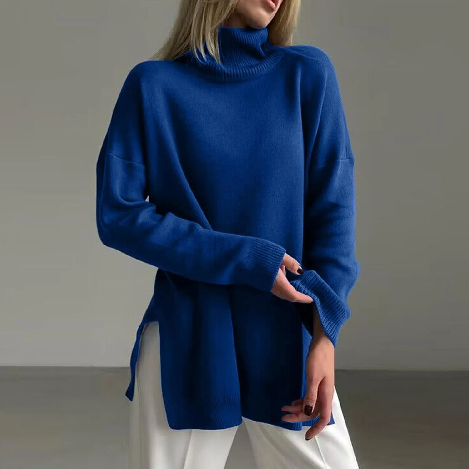 Women's Fall Turtleneck Sweater Casual Long Sleeve Comfy Knit Pullover Tops Side Split Loose Tunics Oversized Shirt