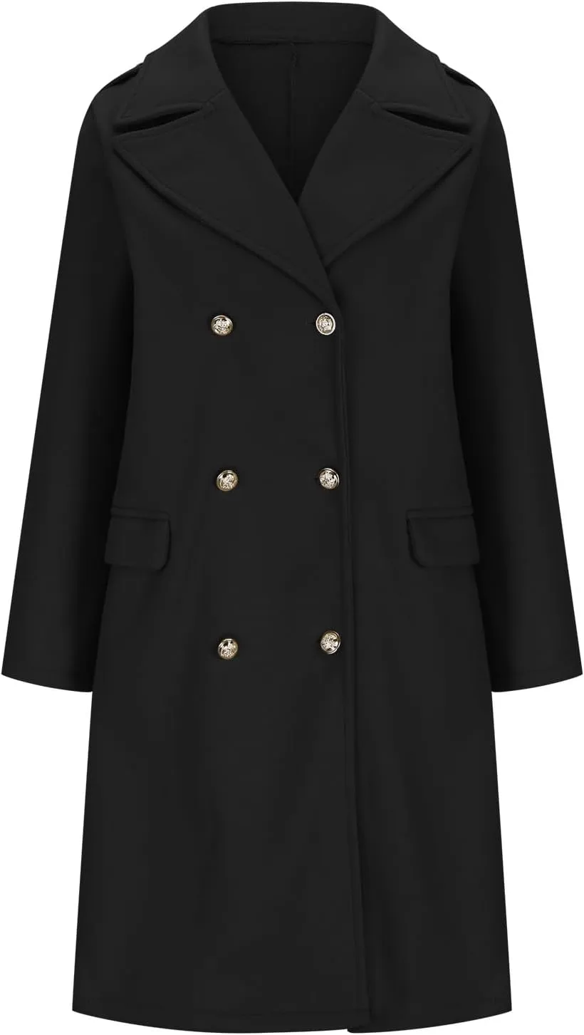 Women's Fall Winter Wool Blend Mid Long Pea Coat Notch Lapel Dressy Work Office Trench Overcoats with Pockets