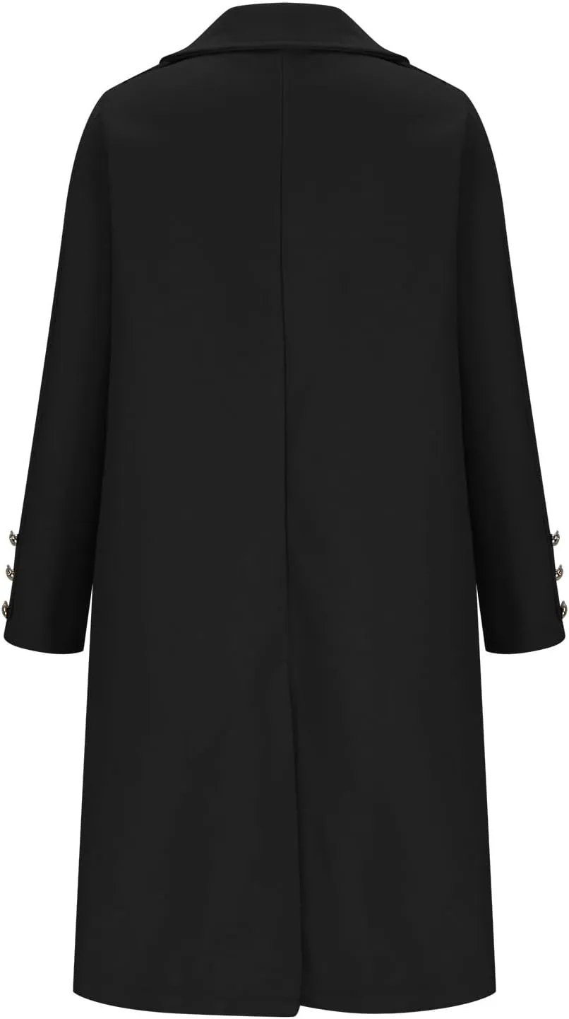 Women's Fall Winter Wool Blend Mid Long Pea Coat Notch Lapel Dressy Work Office Trench Overcoats with Pockets