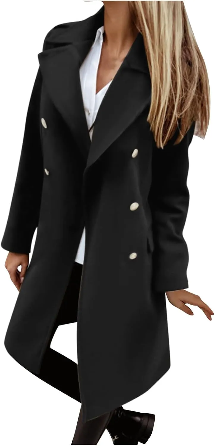 Women's Fall Winter Wool Blend Mid Long Pea Coat Notch Lapel Dressy Work Office Trench Overcoats with Pockets