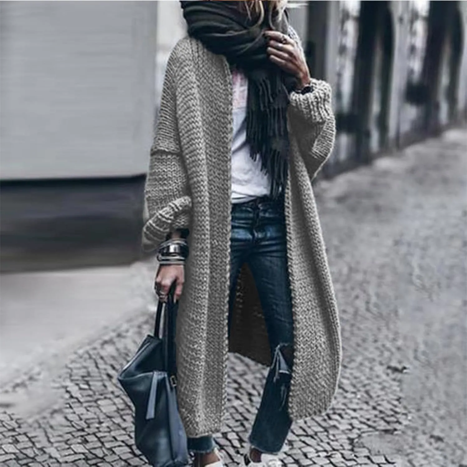Women's Fashion Sweater Knit Coat Long Sleeve Warm Solid Color Jacket Cardigan Loose Casual Sweater Overcoat