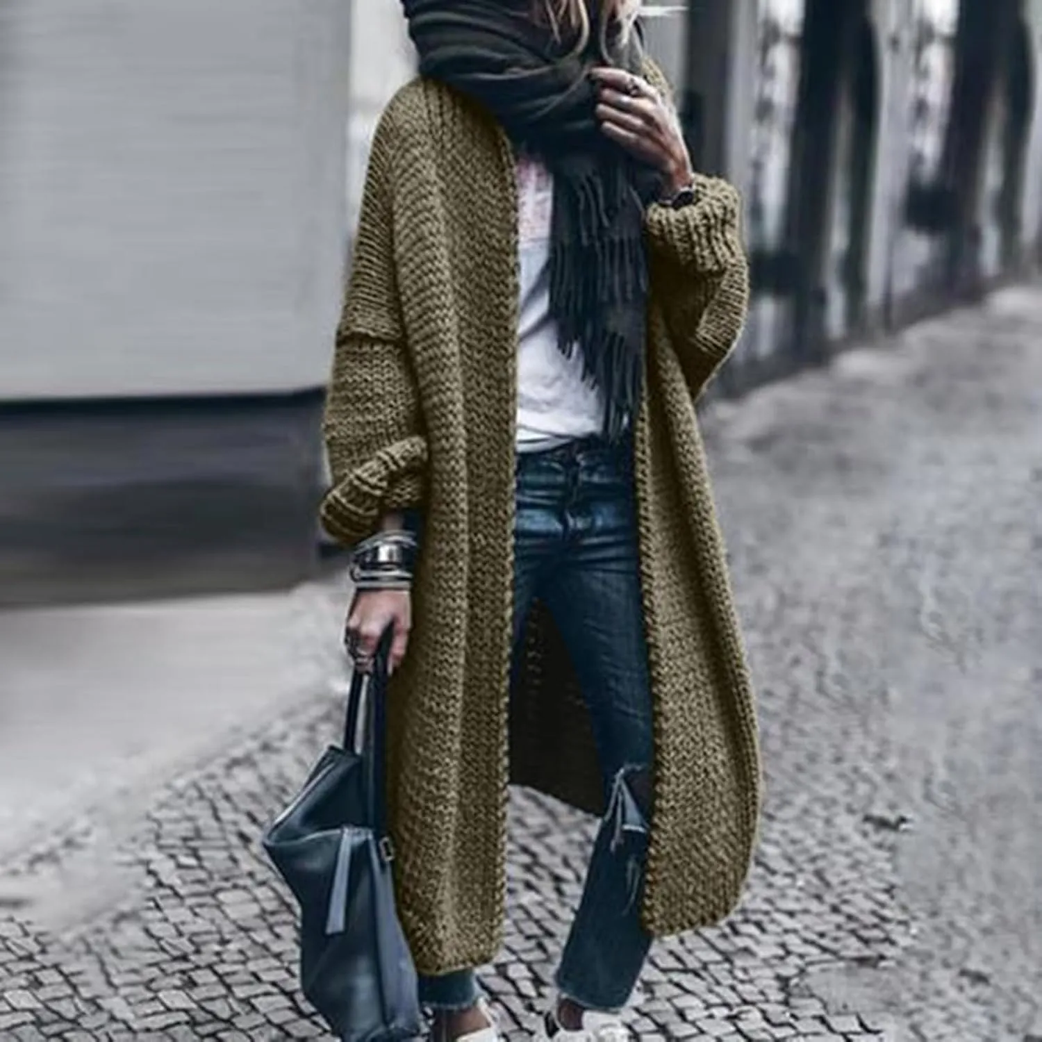 Women's Fashion Sweater Knit Coat Long Sleeve Warm Solid Color Jacket Cardigan Loose Casual Sweater Overcoat
