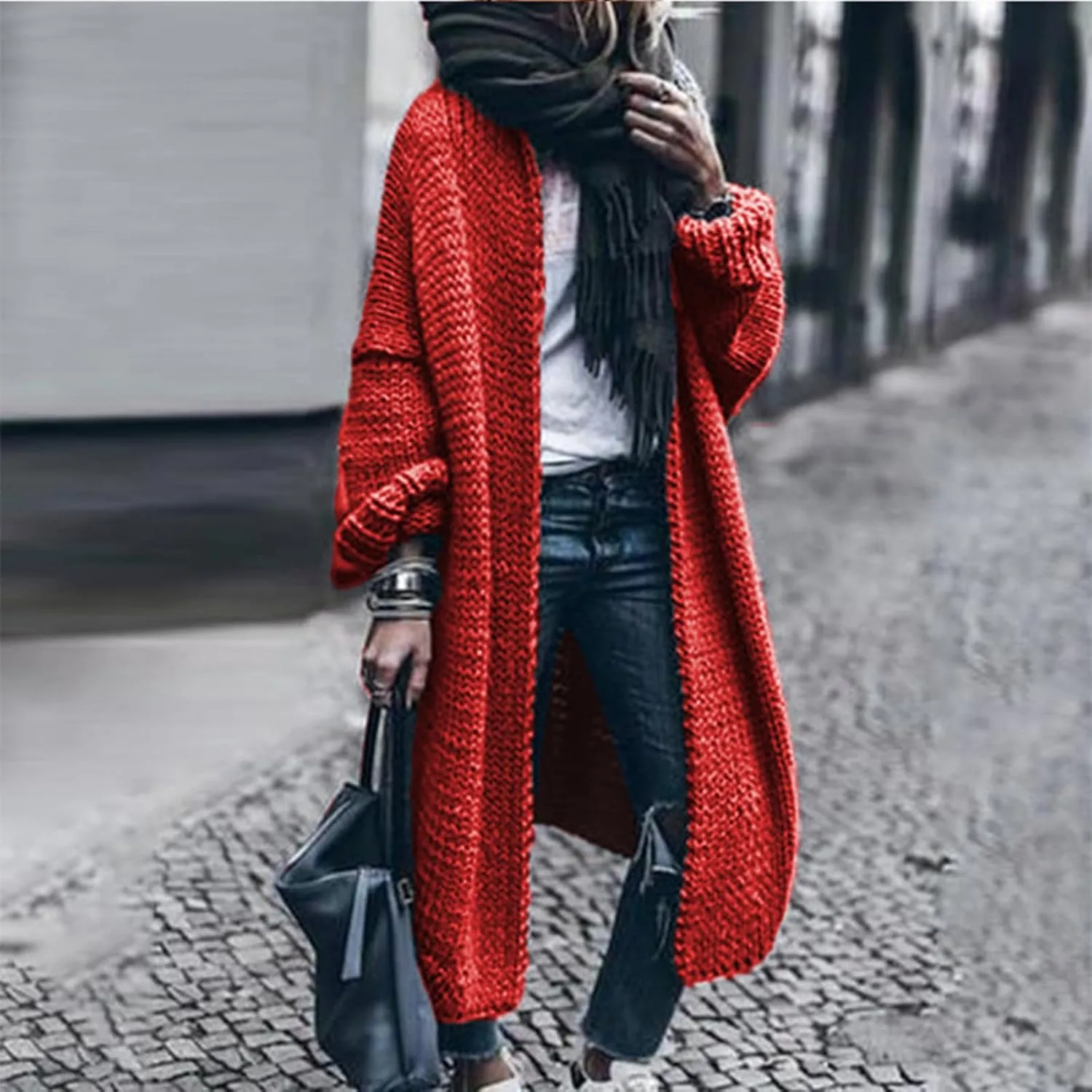 Women's Fashion Sweater Knit Coat Long Sleeve Warm Solid Color Jacket Cardigan Loose Casual Sweater Overcoat