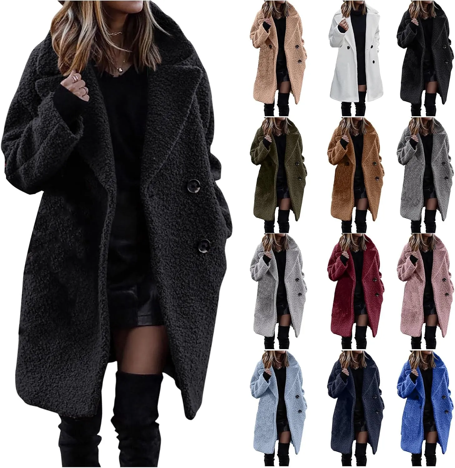 Womens Faux Fur Coat Winter Warm Fuzzy Fleece Long Jackets Oversized Lapel Button Open Front Cardigan Coats