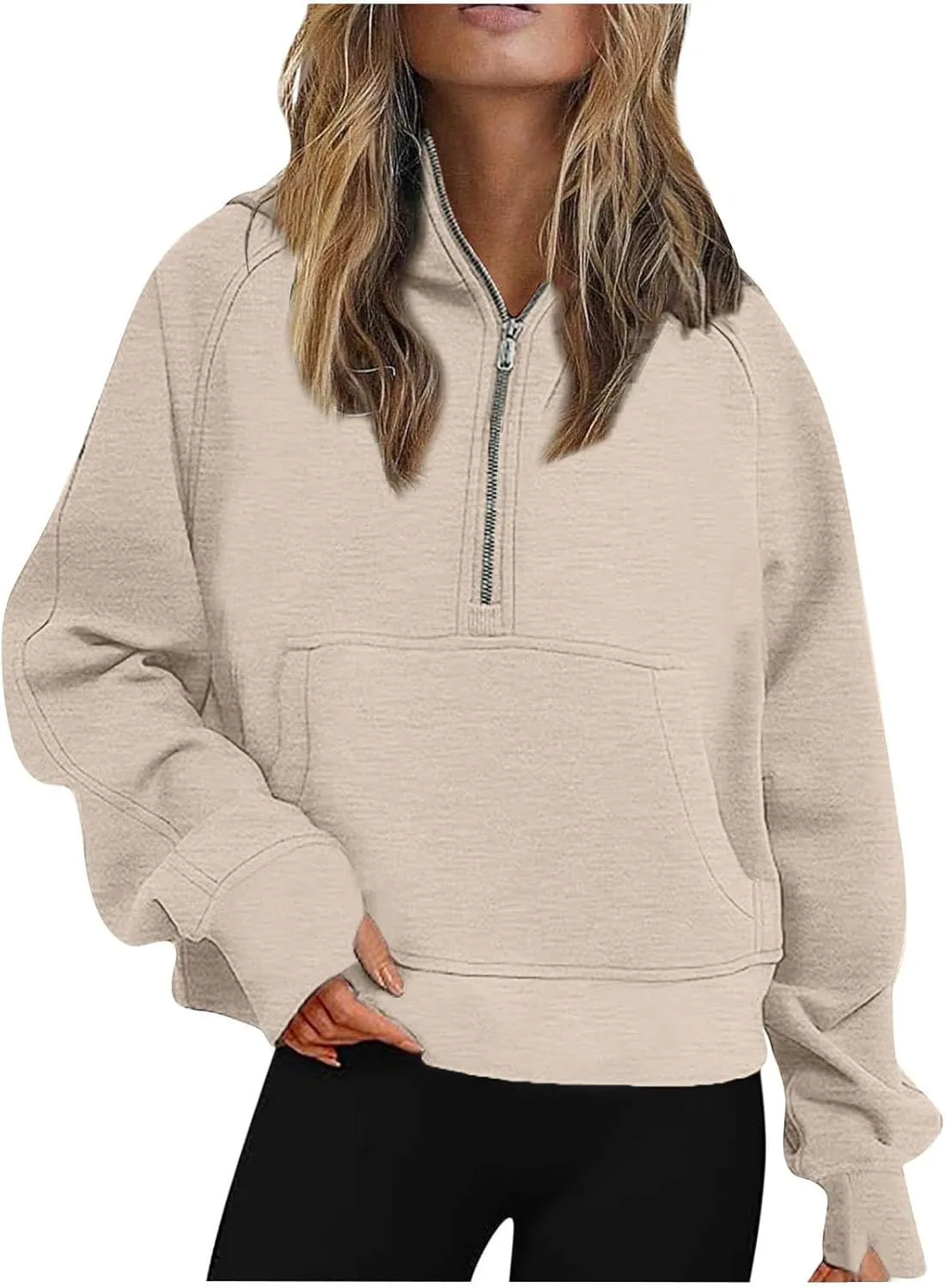 Womens Fleece Lined Oversized Sweatshirts Half Zip Cropped Hoodies Pullover Long Sleeve Crop Tops Sweater with Pocket