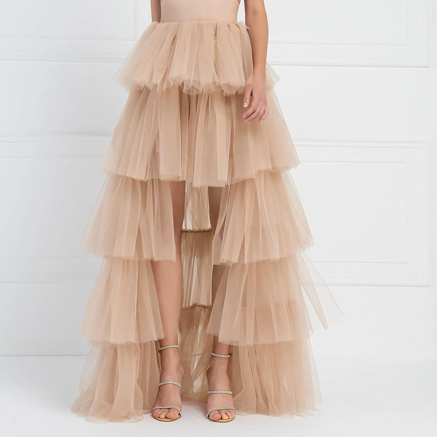 Women's High Low Tulle Skirts Elastic Waist Layered Ruffles Mesh Long Tutu Tiered Skirt Festival Performance Costumes