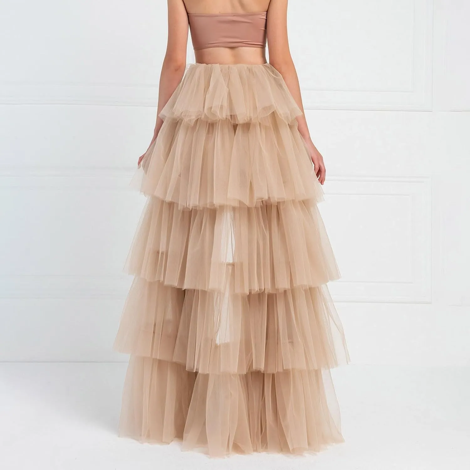 Women's High Low Tulle Skirts Elastic Waist Layered Ruffles Mesh Long Tutu Tiered Skirt Festival Performance Costumes
