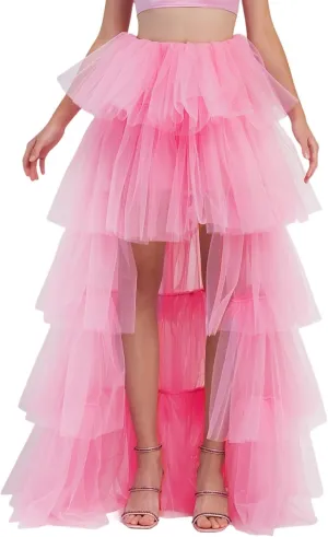 Women's High Low Tulle Skirts Elastic Waist Layered Ruffles Mesh Long Tutu Tiered Skirt Festival Performance Costumes