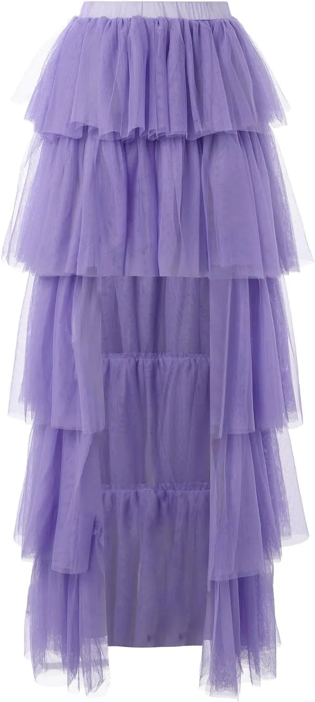 Women's High Low Tulle Skirts Elastic Waist Layered Ruffles Mesh Long Tutu Tiered Skirt Festival Performance Costumes