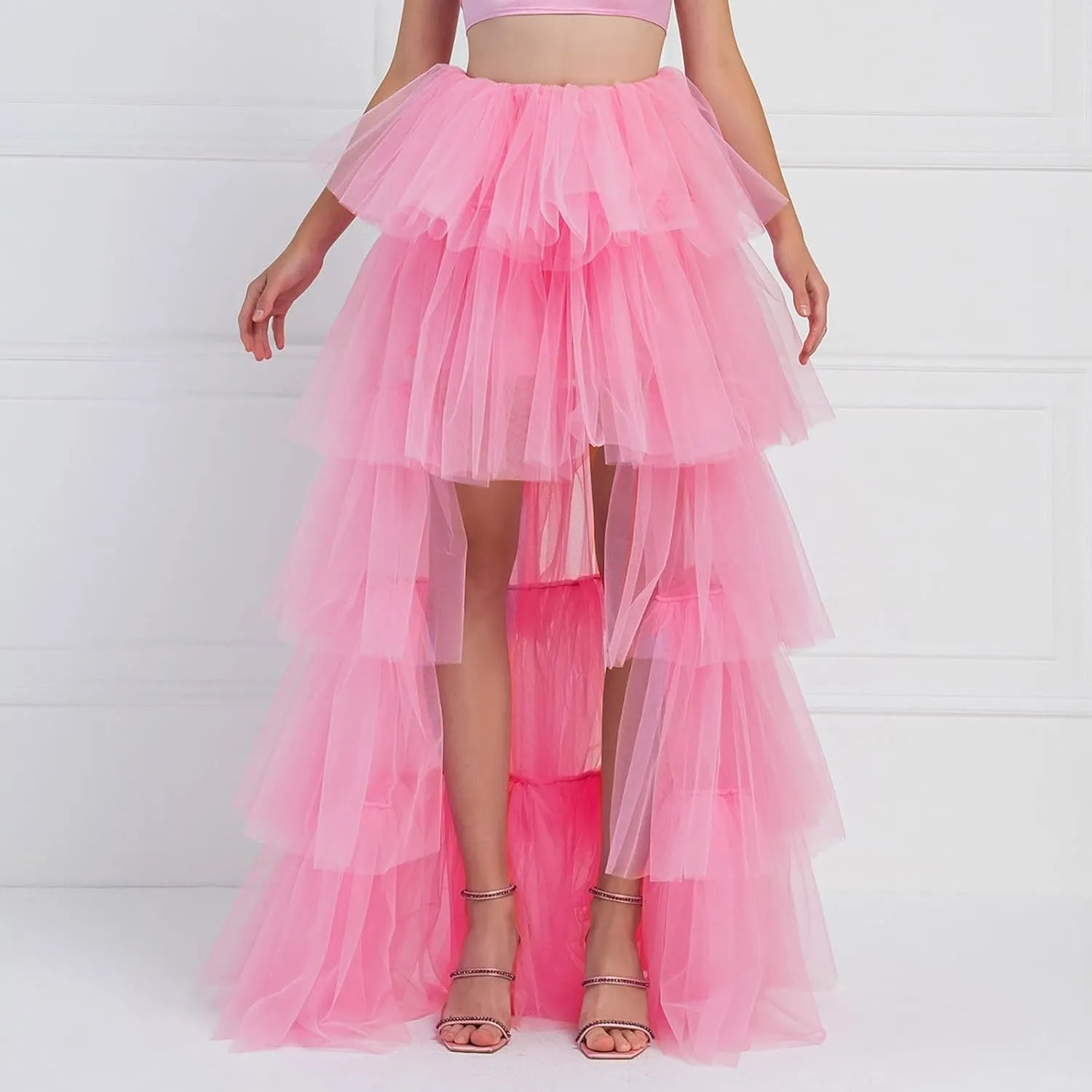 Women's High Low Tulle Skirts Elastic Waist Layered Ruffles Mesh Long Tutu Tiered Skirt Festival Performance Costumes