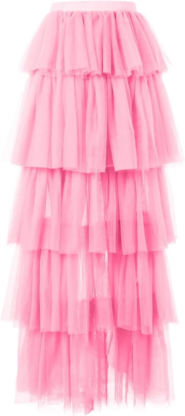 Women's High Low Tulle Skirts Elastic Waist Layered Ruffles Mesh Long Tutu Tiered Skirt Festival Performance Costumes