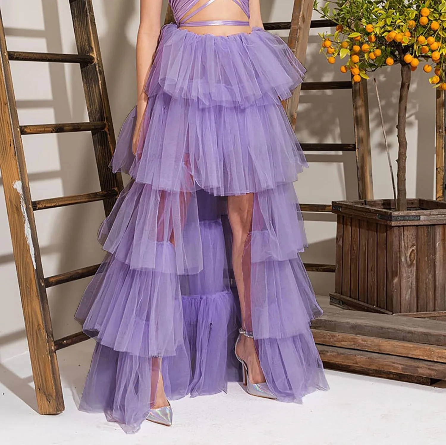 Women's High Low Tulle Skirts Elastic Waist Layered Ruffles Mesh Long Tutu Tiered Skirt Festival Performance Costumes