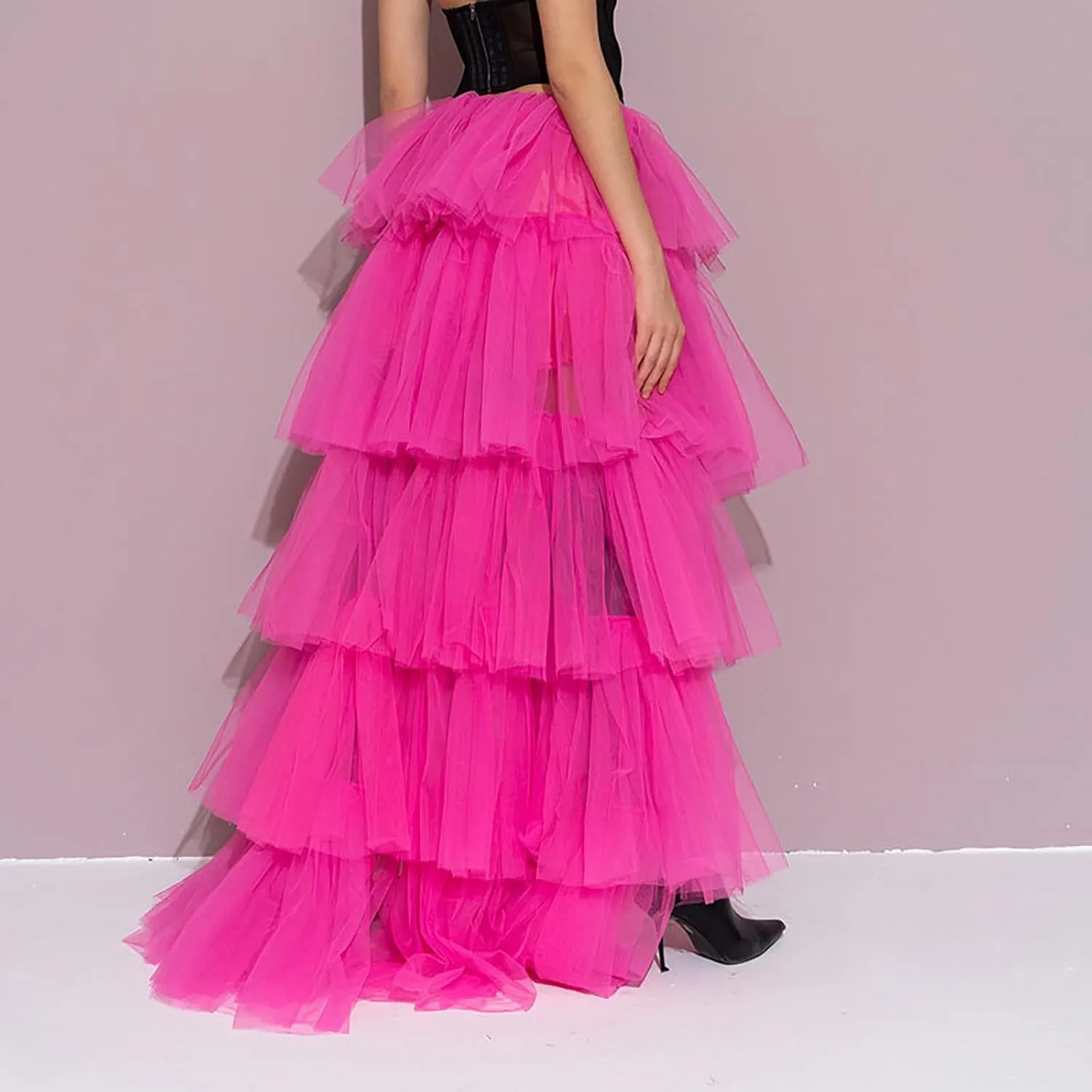 Women's High Low Tulle Skirts Elastic Waist Layered Ruffles Mesh Long Tutu Tiered Skirt Festival Performance Costumes
