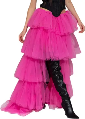 Women's High Low Tulle Skirts Elastic Waist Layered Ruffles Mesh Long Tutu Tiered Skirt Festival Performance Costumes