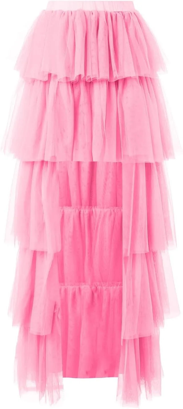 Women's High Low Tulle Skirts Elastic Waist Layered Ruffles Mesh Long Tutu Tiered Skirt Festival Performance Costumes