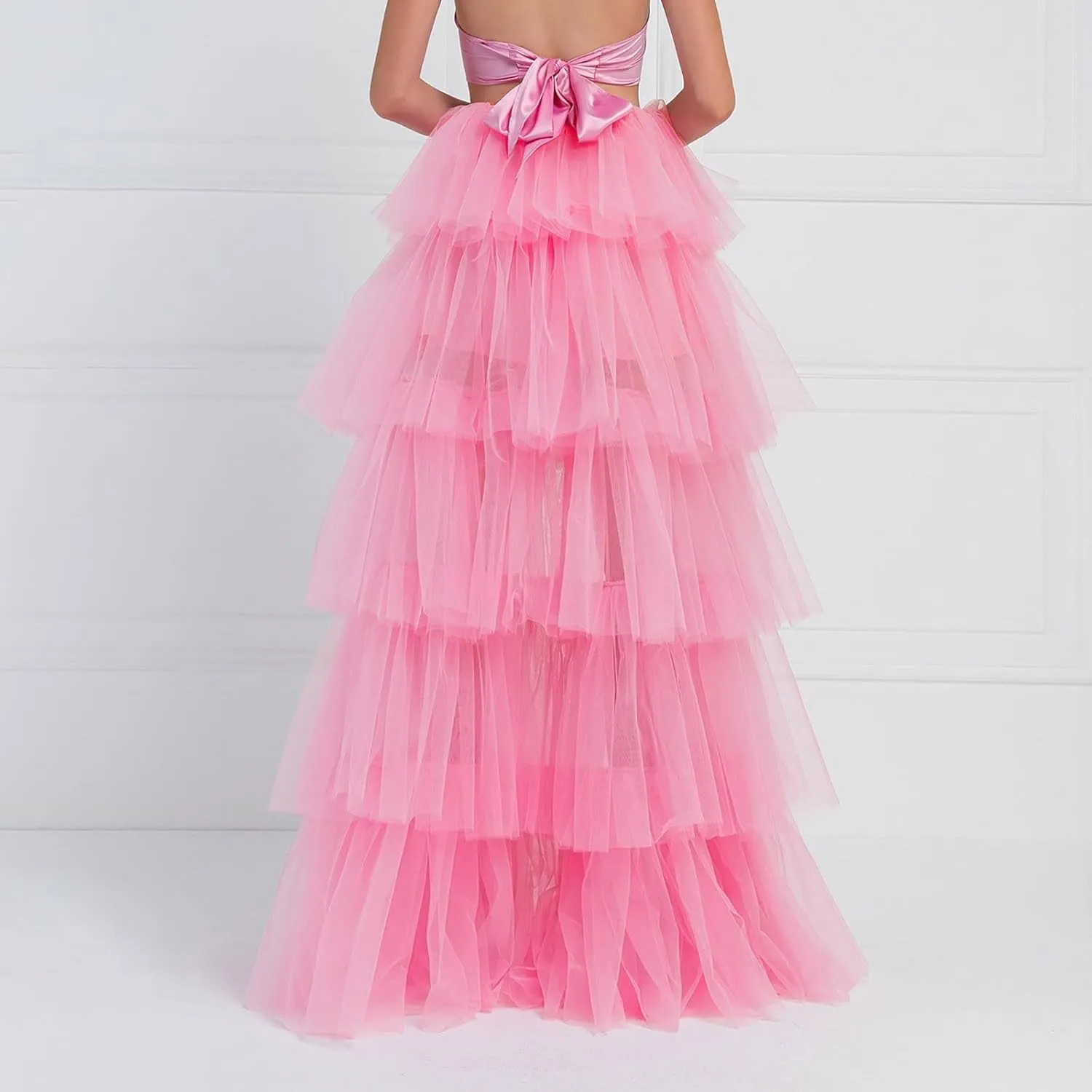 Women's High Low Tulle Skirts Elastic Waist Layered Ruffles Mesh Long Tutu Tiered Skirt Festival Performance Costumes