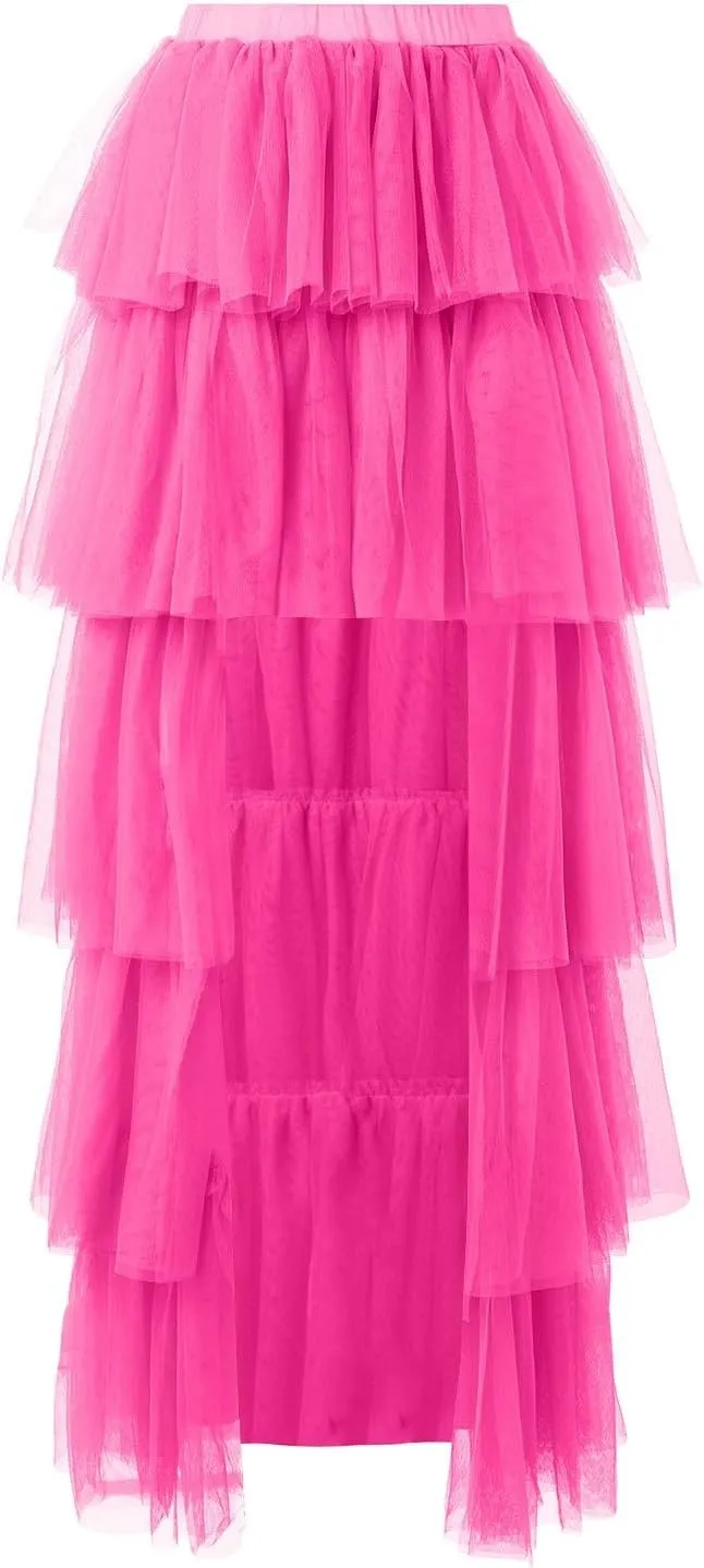 Women's High Low Tulle Skirts Elastic Waist Layered Ruffles Mesh Long Tutu Tiered Skirt Festival Performance Costumes